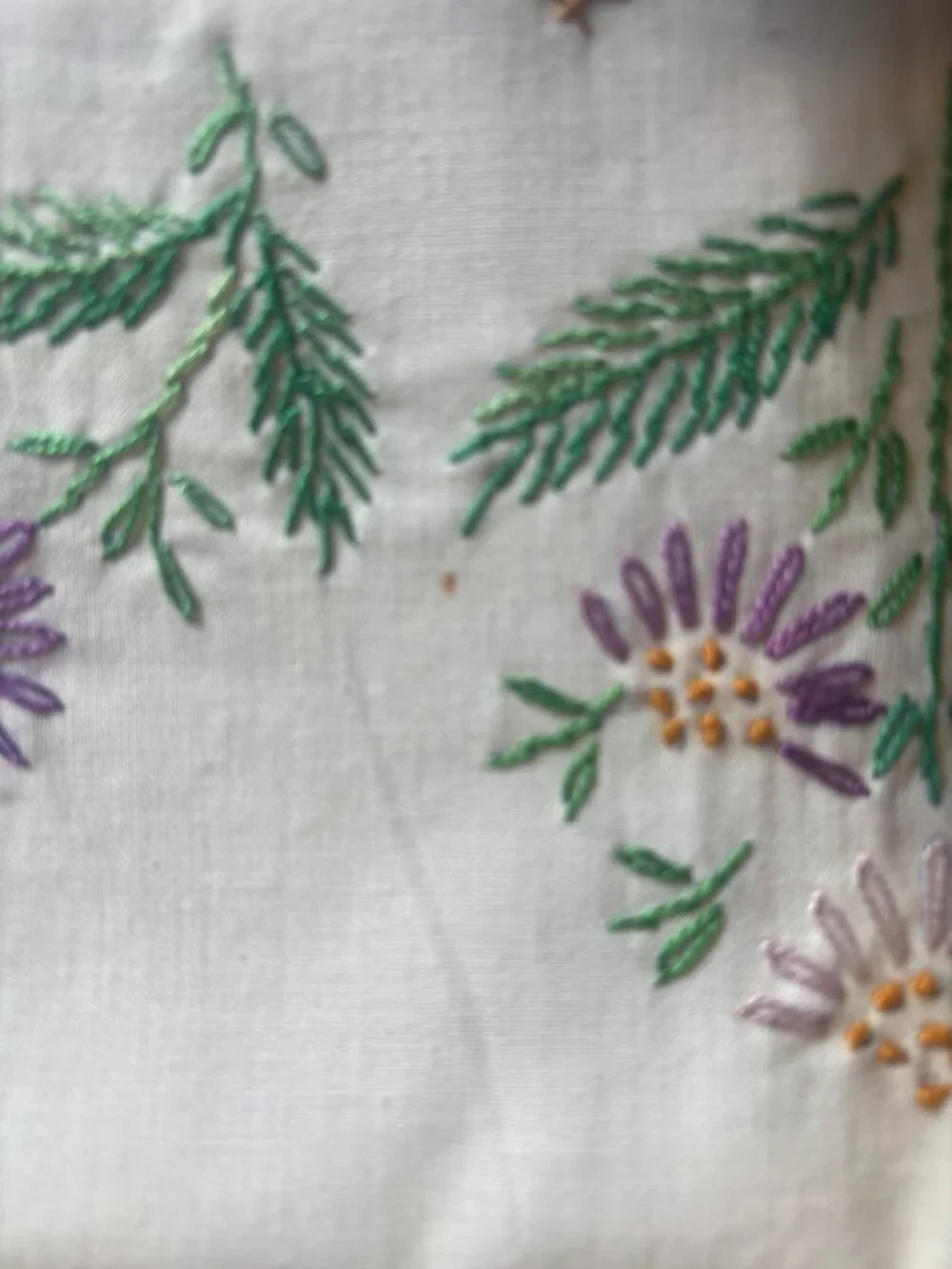 Vintage Hand Embroidered Floral Pillowcase - Purple Daisy Crochet Lace Edge